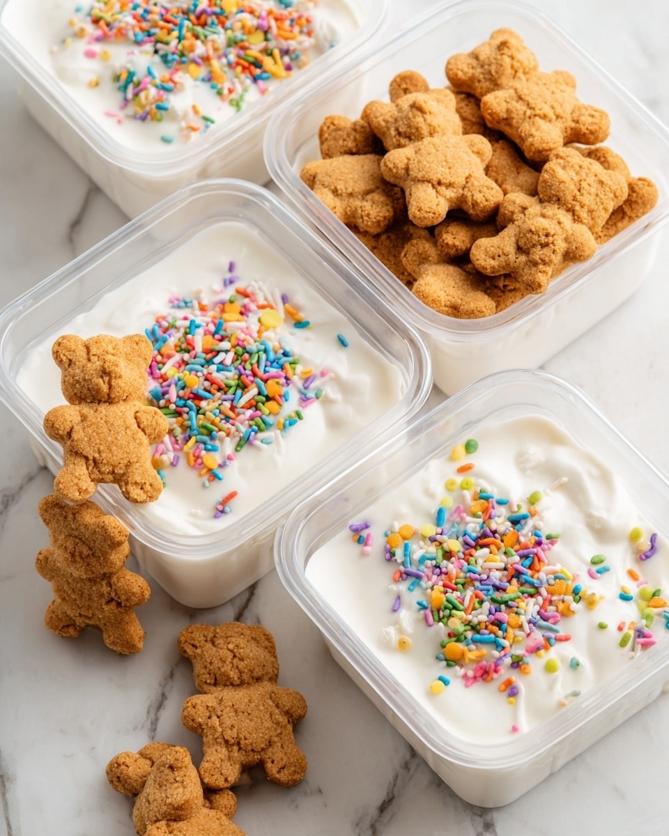 The image shows four clear plastic divided trays arranged on a white marbled surface. Each tray has two sections: one filled with small brown teddy bear-shaped cookies piled up, and the other filled with white creamy yogurt topped with colorful rainbow sprinkles. A teddy bear cookie leans on the edge of each yogurt section, with one cookie standing upright between two trays in the center. The cookies look crunchy and golden brown, the yogurt smooth and thick, and the sprinkles bright and playful. photo taken with an iphone --ar 4:5 --v 7