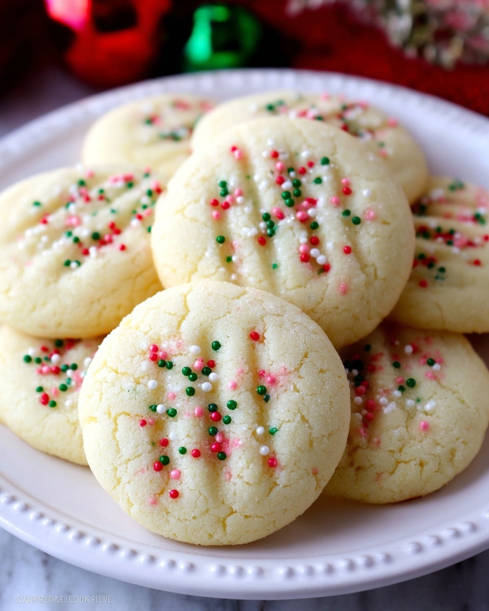 The image shows several soft, round sugar cookies, each with a pale yellow color and a smooth, slightly crumbly texture. Each cookie has three shallow parallel indentations on top, which hold small round sprinkles in red, green, white, and pink colors scattered neatly within the grooves. The cookies are arranged closely together on a white plate that has a subtle decorative edge, placed on a white marbled surface. In the background, there is a blurred hint of red and green decorations, suggesting a festive setting. photo taken with an iphone --ar 4:5 --v 7