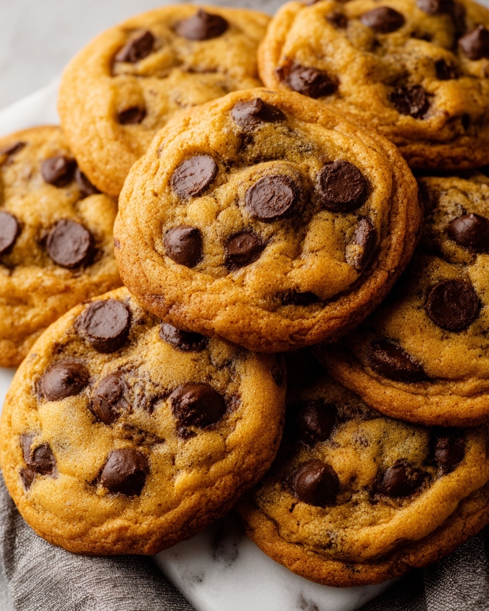A close-up of a pile of chocolate chip cookies showing a rough top layer with golden brown color and dark melted chocolate chips scattered across them, each cookie slightly puffy and textured with small cracks revealing soft dough inside. The cookies rest closely together on a white marbled textured surface with a beige cloth and a cooling rack barely visible beneath. The warm lighting highlights the chewy texture and gooey spots of the chocolate, making the cookies look fresh and inviting. photo taken with an iphone --ar 4:5 --v 7