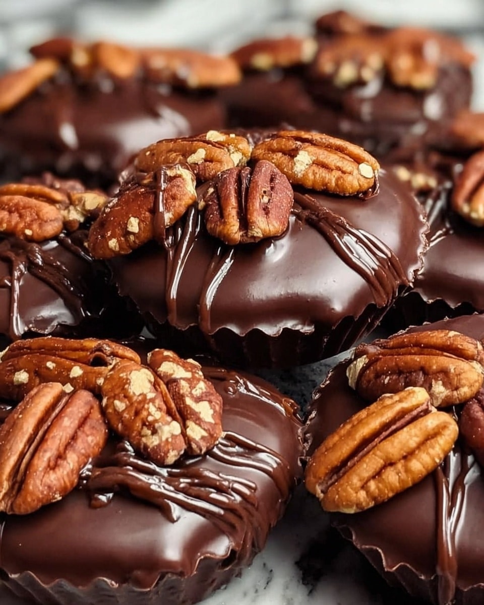 The image shows several dark chocolate cups filled with smooth, shiny chocolate filling topped with whole pecan halves and pieces. Each cup has two or three pecans arranged on top, with thin chocolate drizzle lines crossing over the nuts for added texture and shine. The cups are closely packed together, showcasing the rich, glossy surface of the chocolate with some reflections, all set against a white marbled textured background. photo taken with an iphone --ar 4:5 --v 7