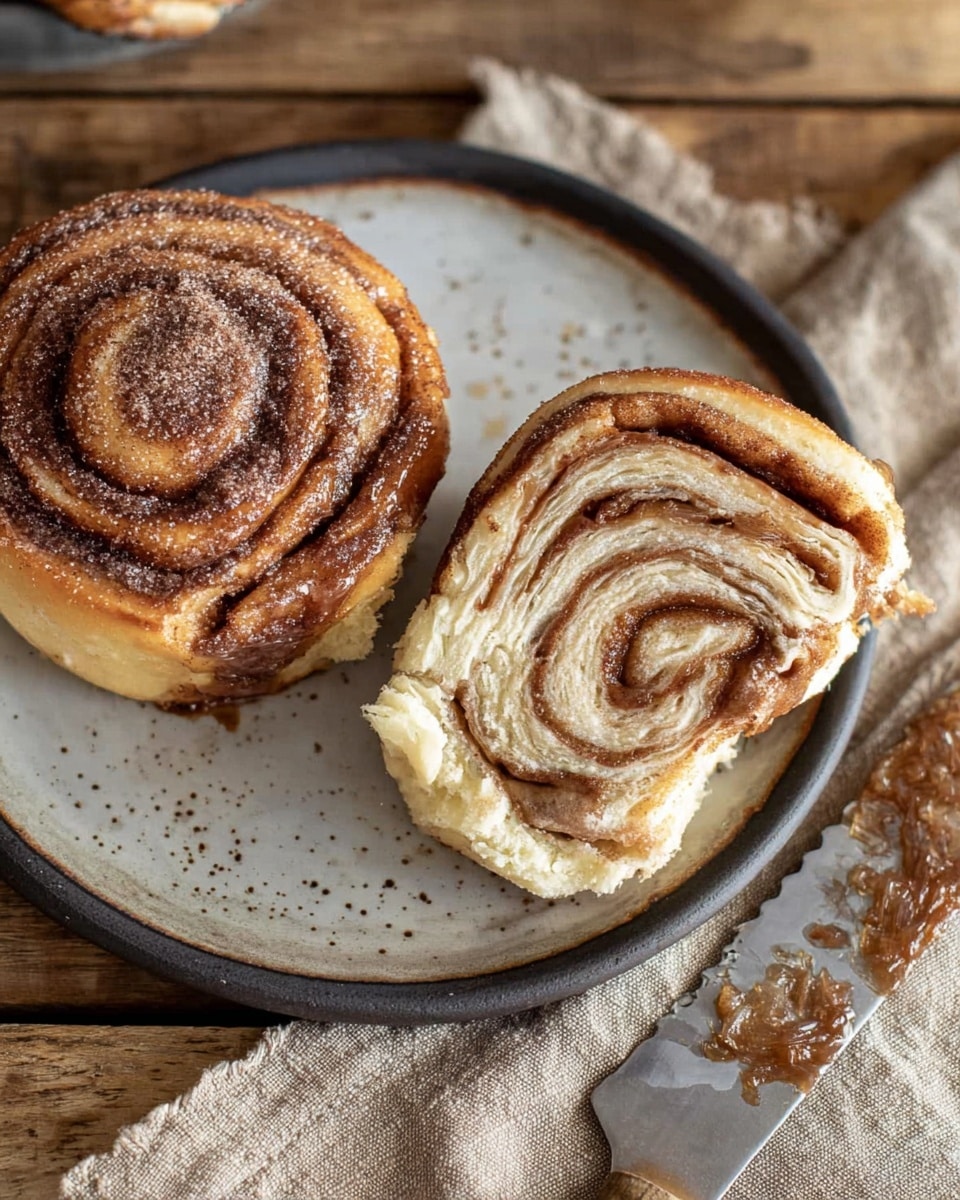 The image shows two cinnamon rolls on a round white plate with a dark rim. One cinnamon roll is whole and round, with visible brown cinnamon swirls and sugar dust on top, showing several thin, spiral layers. Next to it is a cinnamon roll cut in half, showing many layers of light beige dough and darker brown cinnamon filling inside, with a slightly glossy texture. To the right of the plate, there is a knife with brown cinnamon residue on the blade resting on a beige cloth napkin. The setting is on a wooden surface. Photo taken with an iphone --ar 4:5 --v 7
