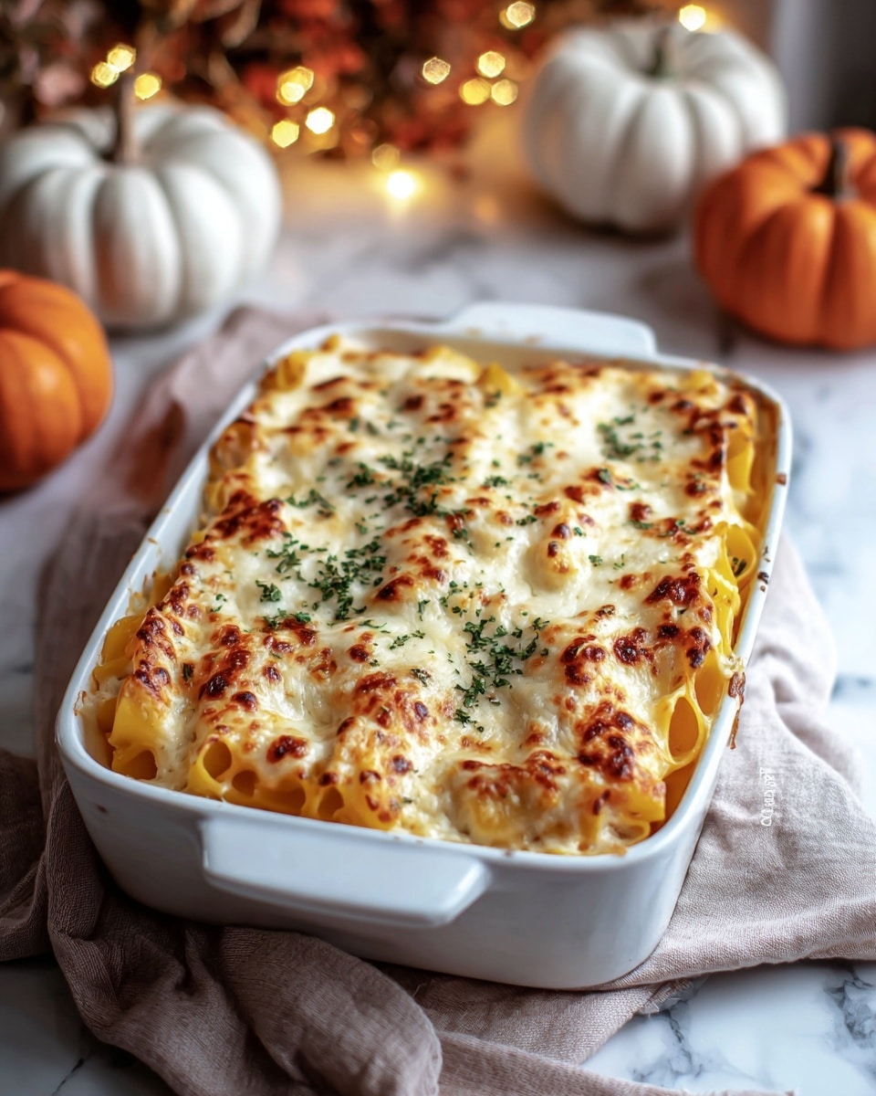 A white rectangular baking dish filled with baked pasta that has about three visible layers, starting with a base of yellow pasta tubes, followed by a creamy white cheese layer in the middle, and topped with a golden-brown melted cheese crust with small browned spots and a sprinkling of fresh green herbs. The dish sits on a soft beige cloth on a white marbled surface, with blurred small white and bright orange pumpkins and warm yellow fairy lights in the background, creating a cozy atmosphere. Photo taken with an iphone --ar 4:5 --v 7