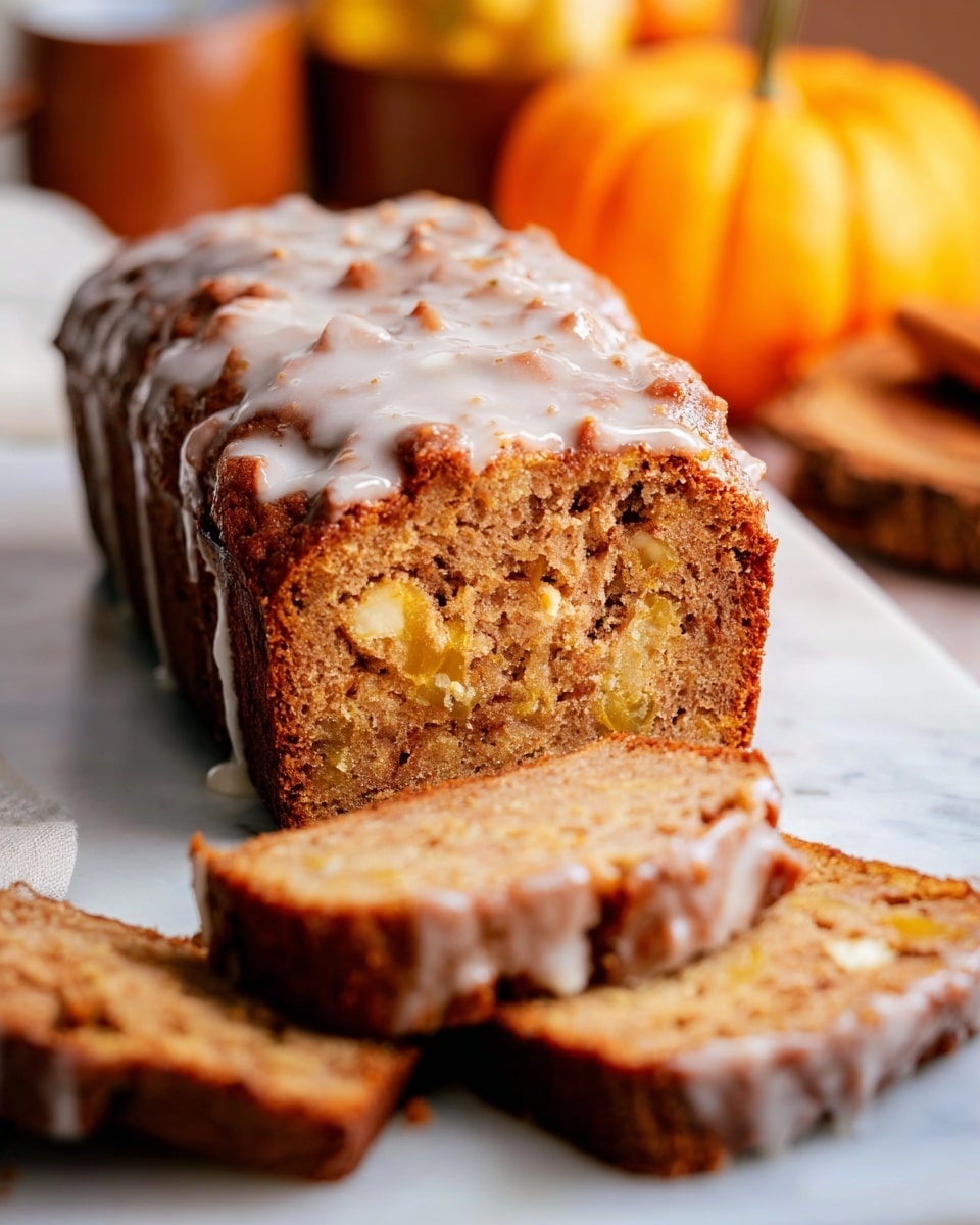 A loaf of moist brown cake with a rough textured top covered in a shiny white glaze sits on a white marbled surface; the cake is sliced on one end, showing a soft crumb with small chunks of light yellow fruit inside, and several thick slices with the same glaze rest in front of the loaf. In the background, there is a small orange pumpkin and blurred warm-colored objects. photo taken with an iphone --ar 4:5 --v 7