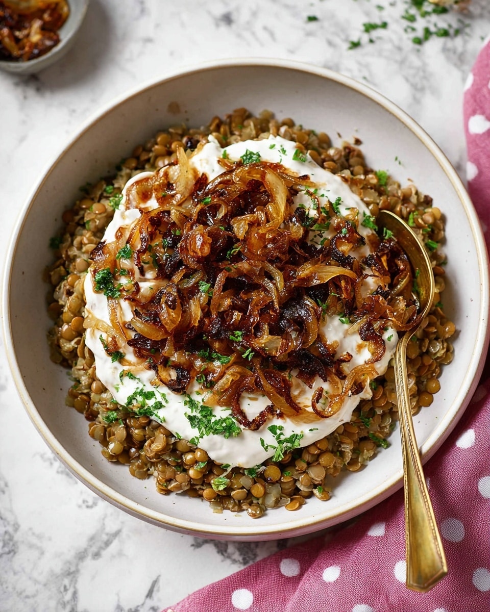 A white bowl is filled with a base layer of mixed lentils and grains, showing shades of light brown and green with a slightly textured appearance. On top is a thick, creamy white sauce spread generously in the center. The final layer consists of golden to dark brown caramelized onions with a glossy, slightly crispy texture, scattered evenly over the sauce. There are small sprinkles of green chopped herbs adding a fresh touch around the bowl. A vintage gold spoon is partially inserted into the dish from the right side. The bowl is placed on a white marbled surface with a pink cloth with white polka dots visible at the bottom right corner. Photo taken with an iphone --ar 4:5 --v 7