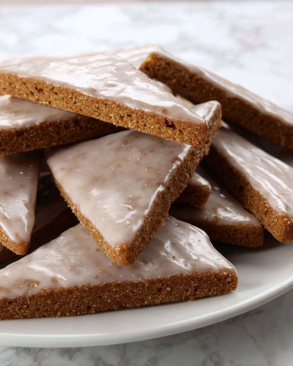 A white plate holds a pile of triangular gingerbread cookies with a smooth, light brown glaze evenly covering the top layer. Each cookie is cut thick, showing a dense, crumbly brown inside beneath the glossy glaze. The cookies have clean lines and slight texture from the glaze, stacked in a slightly overlapping manner on a white marbled surface. Photo taken with an iphone --ar 4:5 --v 7