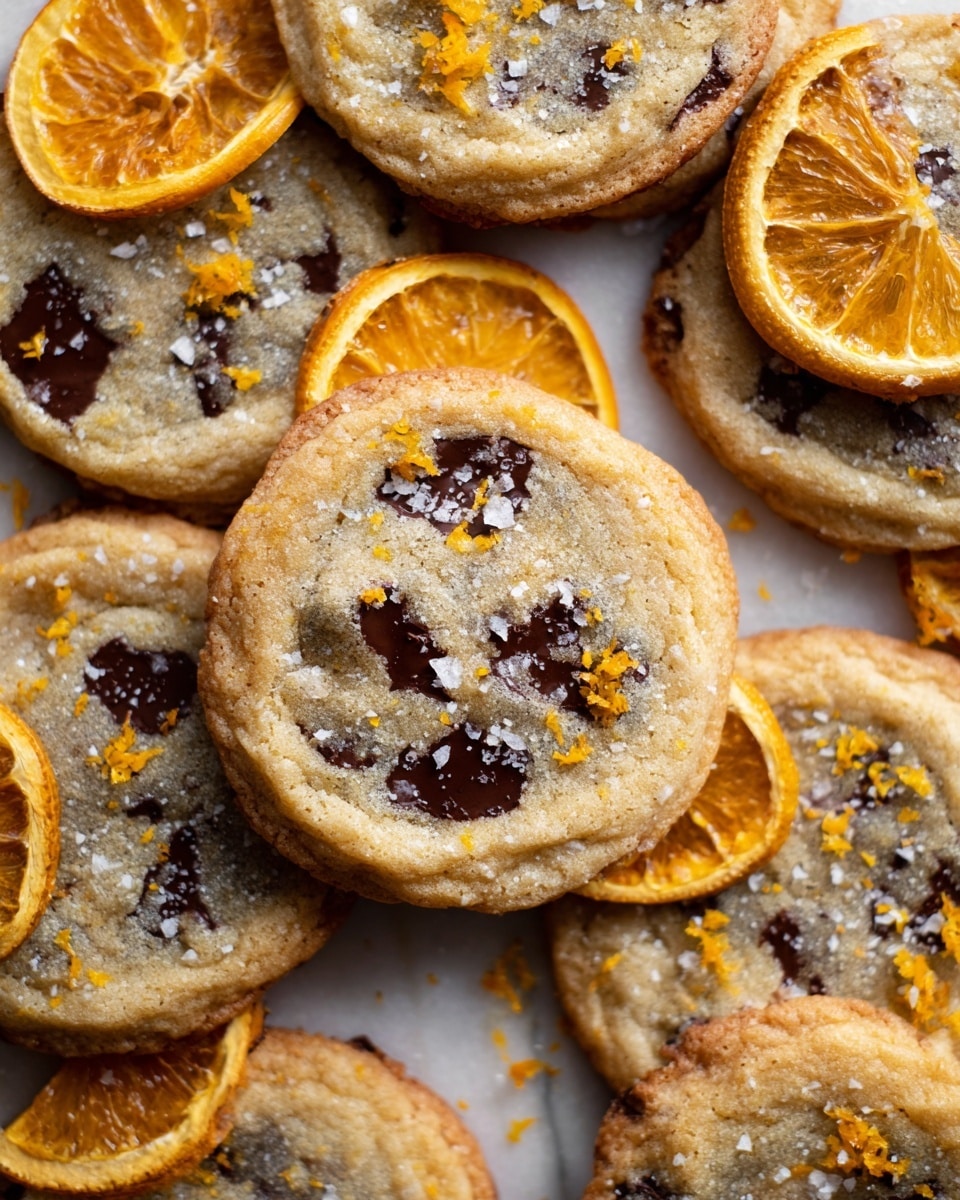 A close-up view of several round chocolate chip cookies stacked and spread on a white marbled surface, each cookie showing a light golden dough with dark, melted chocolate chunks embedded throughout. The edges are golden brown and slightly crisp, contrasting with the softer center. Bright orange zest is scattered on top of the cookies along with coarse sea salt, adding texture and color. Thin, dried orange slices are placed among the cookies, enhancing the warm and inviting look. photo taken with an iphone --ar 4:5 --v 7