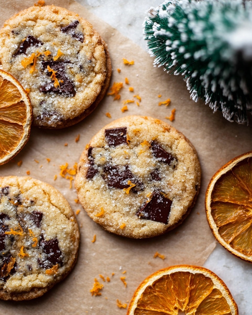 The image shows three golden brown cookies with visible dark chocolate chunks scattered on top, each cookie having a slightly rough sugar-coated edge. The cookies are placed on light brown parchment paper with small orange zest pieces sprinkled around. Two dried orange slices with rich orange and white tones lie nearby, enhancing the warm tones of the scene. In the upper right corner, there is a small green Christmas tree decoration with white frosted tips resting on a white marbled texture surface. The image focuses on the textures and colors of the cookies and dried oranges, creating a cozy seasonal feeling. photo taken with an iphone --ar 4:5 --v 7
