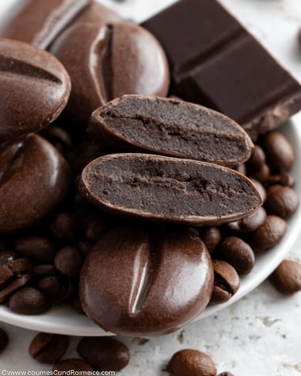 The image shows a close-up of several large, dark brown coffee beans resting on a white plate. The coffee beans have a smooth, slightly shiny surface with clear grooves running down their centers. To the right of the plate, there are whole dark chocolate pieces with a glossy and textured surface, and scattered around both the beans and chocolate are multiple small, shiny coffee beans. The background features a white marbled texture. The scene conveys rich, deep brown tones with a mix of smooth and slightly rough textures. Photo taken with an iphone --ar 4:5 --v 7