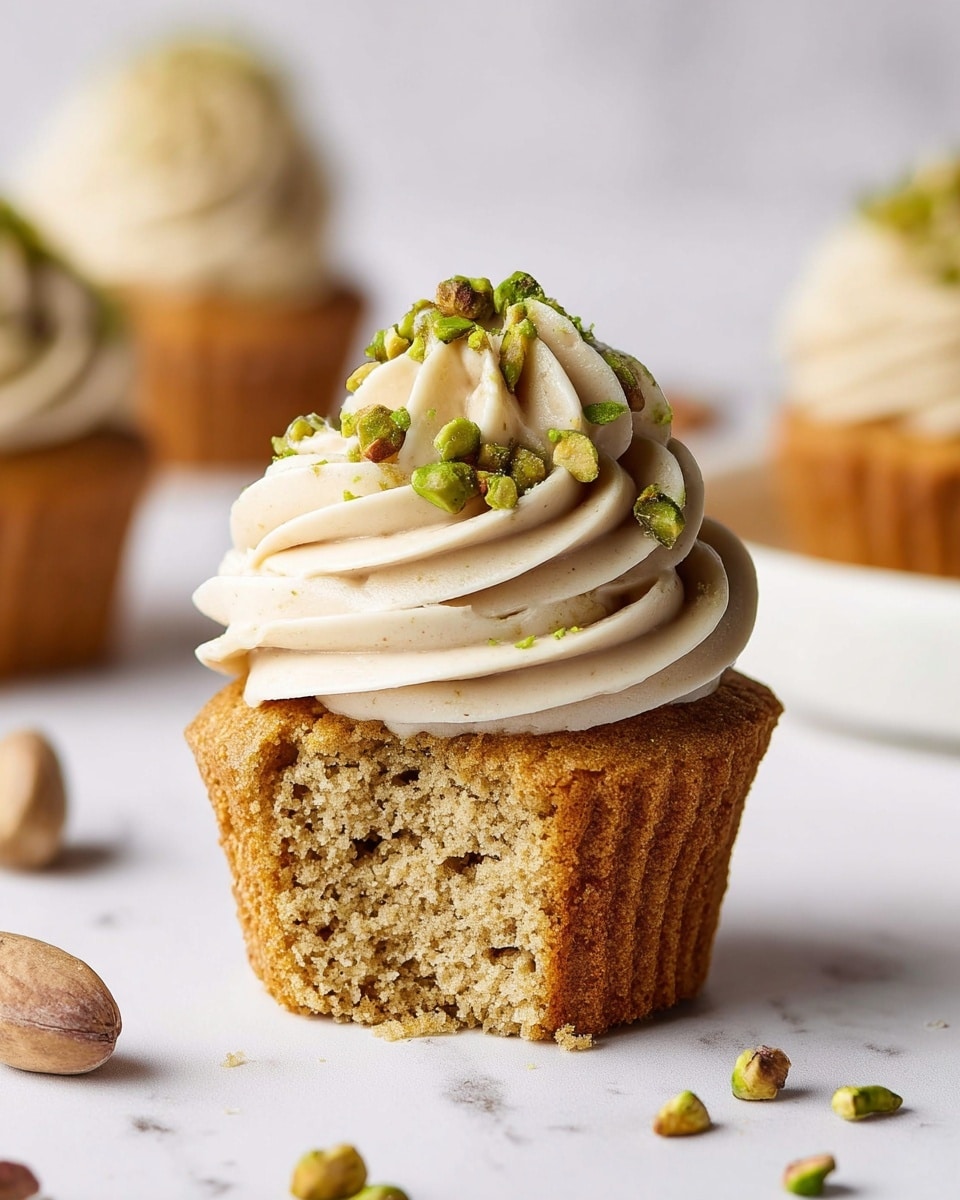 A single cupcake sits on a white marbled surface, showing two main layers; the bottom layer is a moist, light brown cake with visible bits of pistachio nuts inside, giving it a textured look, while the top layer is a thick swirl of creamy, pale beige frosting that is smooth and slightly speckled, crowned with a sprinkle of small, green chopped pistachio nuts. Around the cupcake on the surface lie whole pistachio nuts in their shells and a few crumbs, with blurred cupcakes in the far background. The photo taken with an iphone --ar 4:5 --v 7
