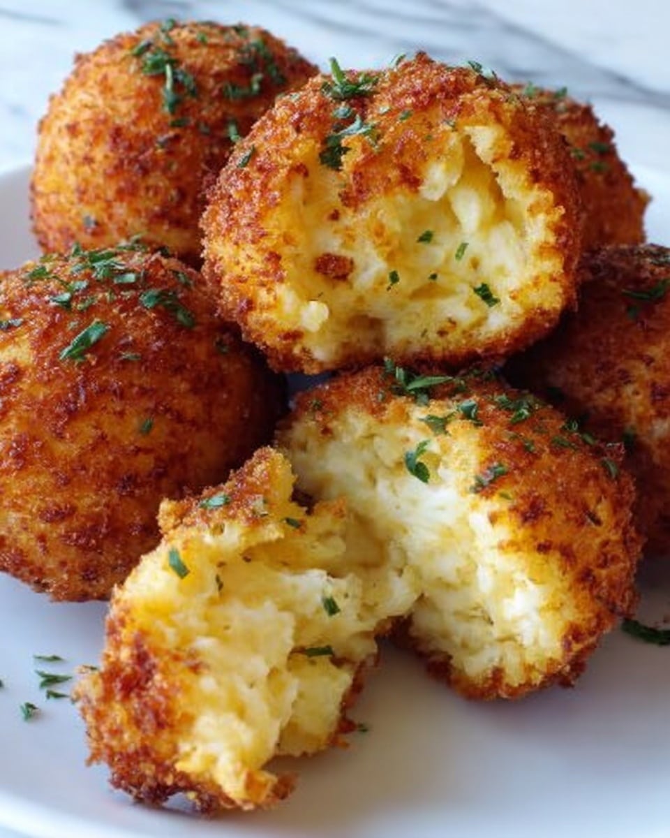 The image shows a white plate filled with seven golden brown fried rice balls. They have a crispy, slightly uneven outer crust with small green onion pieces visible on the surface. One rice ball is cut in half and placed on top, revealing the inside layers of soft, sticky white rice mixed with chopped green onions. The plate is on a white marbled surface with sunlight casting warm highlights, giving the rice balls a crunchy and appetizing look. Photo taken with an iphone --ar 4:5 --v 7