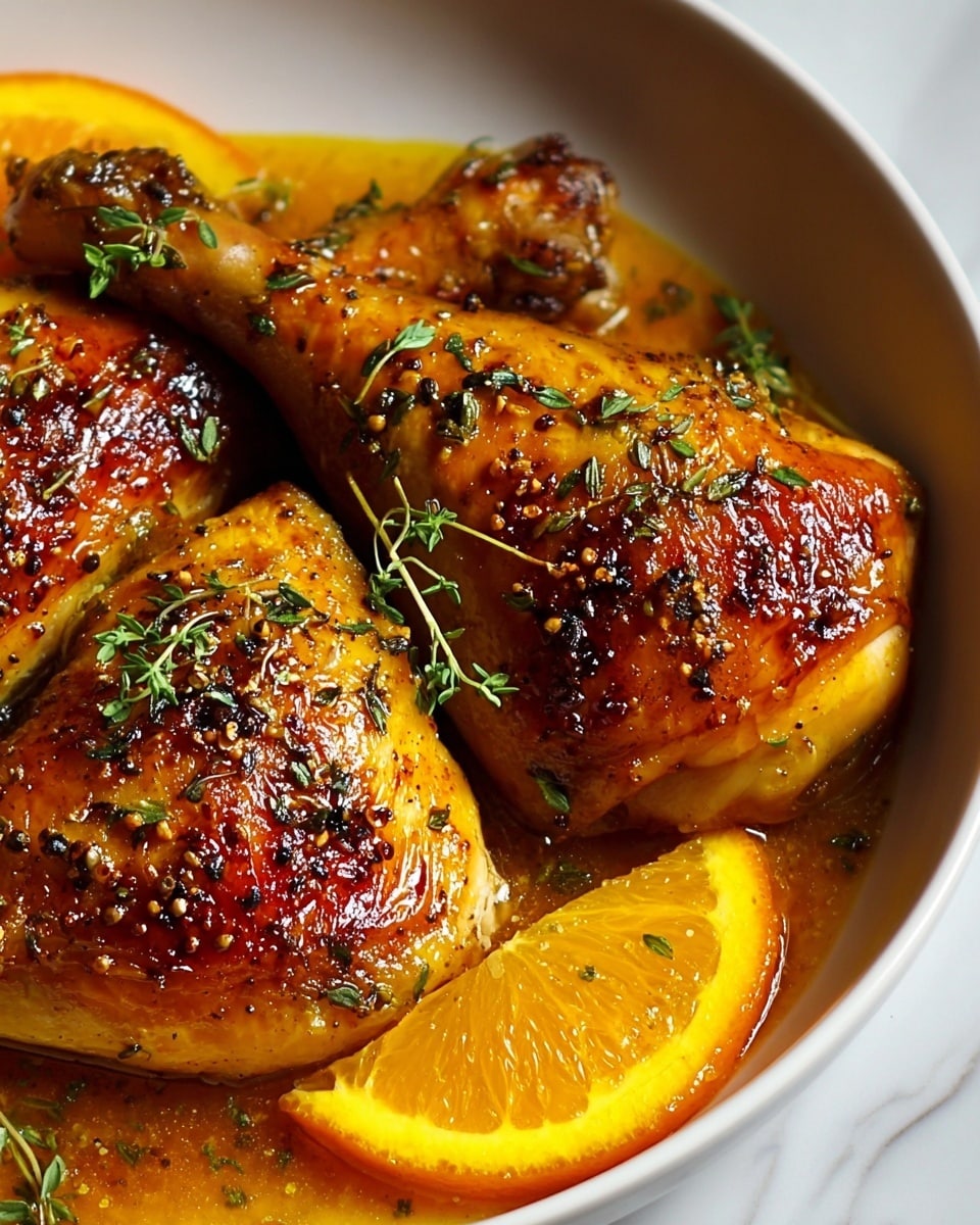 The image shows three golden-brown roasted chicken legs with crispy, slightly charred skin, sprinkled with fresh green thyme leaves. The chicken legs rest in a white bowl with a rich, glossy orange sauce pooling beneath. A vibrant, fresh orange slice lies at the front, its texture juicy with small, visible segments. The chicken’s surface is shiny with caramelized spots that reflect light, and small black pepper flakes are scattered on the skin. The background is a white marbled texture. photo taken with an iphone --ar 4:5 --v 7