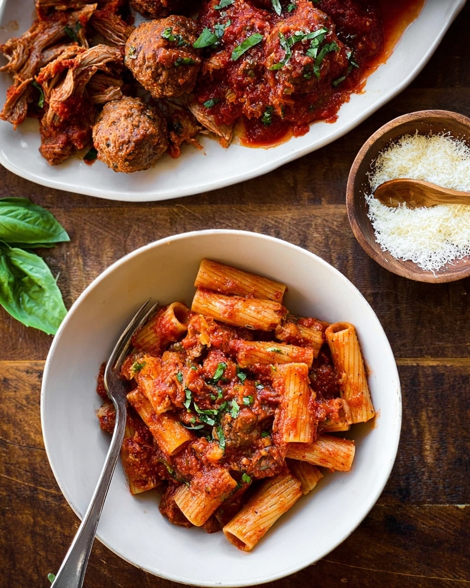 A white bowl filled with rigatoni pasta, each tube coated with a chunky red tomato sauce mixed with small pieces of ground meat, and sprinkled with chopped green herbs on top; a silver fork rests inside the bowl on the left side. Behind it, a white oval plate holds several meatballs and pieces of shredded meat, all covered in a rich red tomato sauce, garnished with green herbs. To the right of the dishes, there is a small white bowl filled with grated white cheese and a wooden spoon with cheese on it, both placed on a brown wooden table. A large green basil leaf lies near the bottom left corner. Photo taken with an iphone --ar 4:5 --v 7