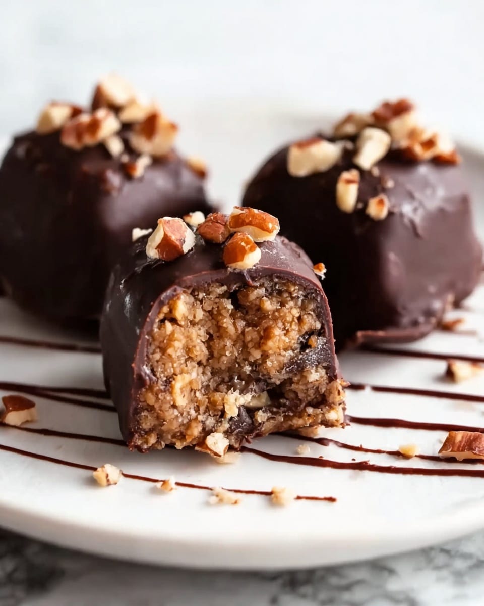 The image shows a close-up of three chocolate-covered treats on a white plate with a white marbled surface underneath. Each treat has a thick dark brown chocolate outer layer that is smooth and shiny, with the front one partially bitten to reveal a dense, light brown nutty filling with small nut pieces inside. On top of these treats, there are small pieces of nuts giving a slight rough texture. Thin lines of chocolate drizzle are visible on the plate around the treats. Photo taken with an iphone --ar 4:5 --v 7