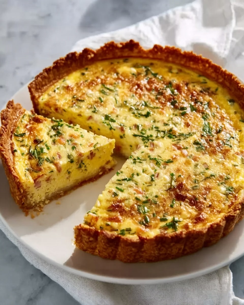 A round quiche with a golden brown crust on the outside, filled with creamy yellow egg custard mixed with small pieces of green herbs and orange bits of cooked vegetable or meat. One slice is cut out and lifted slightly out of the white plate, showing a smooth but slightly uneven texture inside. The quiche sits on a white marbled surface with a white cloth napkin partly visible underneath. The light is soft and natural, highlighting the crust's crisp edges and the custard's moist inside. Photo taken with an iphone --ar 4:5 --v 7