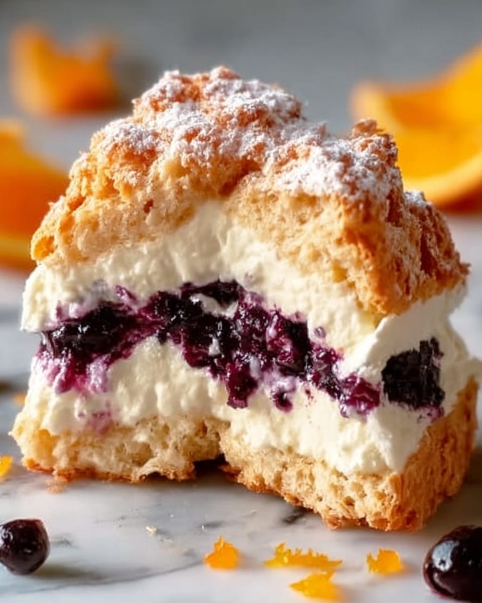 The image shows a close-up of a single pastry piece cut open, revealing three layers inside: a crispy, light brown outer crust with a slightly crumbly texture, a thick middle layer of smooth white cream, and a bottom layer filled with dark purple berries mixed in the cream. The pastry is placed on a white marbled surface, with some small orange peel pieces and a few whole dark berries scattered around it. The light highlights the textures of the crust and the juicy look of the berries inside the cream. Photo taken with an iphone --ar 4:5 --v 7