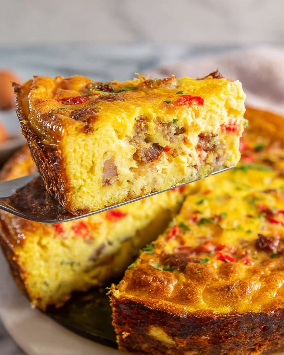 A thick slice of a baked egg dish is being lifted by a metal spatula, showing a deep brown crust on the outside the slice, with a dense, yellow, creamy inside speckled with bits of red bell pepper, small pieces of meat, and melted cheese both inside and sprinkled on top. The dish has a browned, slightly crispy top layer with hints of red and green from the ingredients. The background shows the full remaining dish on a white marbled surface. Photo taken with an iphone --ar 4:5 --v 7