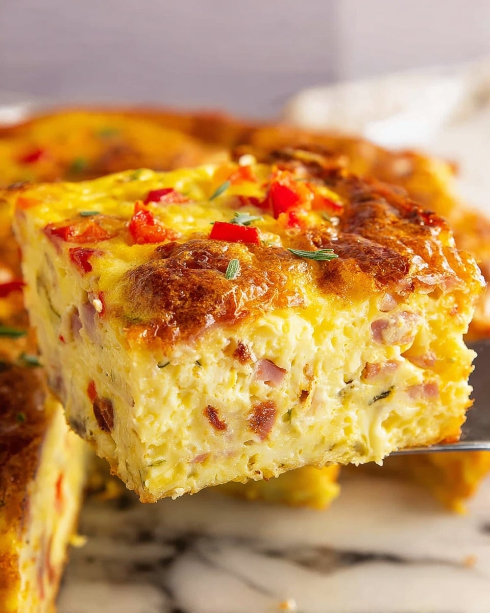 A thick slice of a golden-brown baked egg casserole is being lifted, showing three main layers: a browned and slightly crispy top layer with small pieces of red bell pepper, a creamy and soft middle layer with visible bits of ham or bacon mixed in, and a firm but moist bottom layer with a light yellow color. The casserole sits on a white marbled surface with the rest of the dish visible in the background, showing the same texture and colors. The lighting highlights the rich textures and warm colors of the casserole photo taken with an iphone --ar 4:5 --v 7