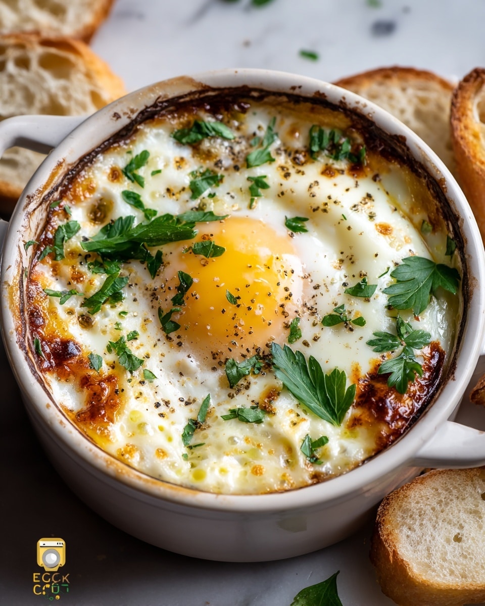 A white ceramic round dish filled with a baked egg dish showing a single bright yellow egg yolk in the center, surrounded by fluffy white baked egg whites and golden, melted cheese with browned spots for texture, sprinkled with fresh green parsley leaves and black pepper on top. The dish has some browned edges where the cheese has slightly bubbled over, with soft white bread pieces placed around the dish on a white marbled surface. photo taken with an iphone --ar 4:5 --v 7
