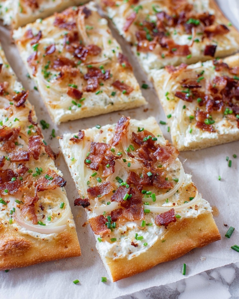 A flatbread pizza cut into rectangular slices lays on white parchment paper over a white marbled surface. The thin crust is light golden brown with slightly crisped edges. The pizza has one main layer of creamy white sauce topped with thinly sliced white onions evenly spread across. Small, crispy browned bacon pieces are scattered generously on top, adding a mix of reddish-brown tones. There are also tiny green bits of chopped chives sprinkled here and there, adding a bright contrast. photo taken with an iphone --ar 4:5 --v 7