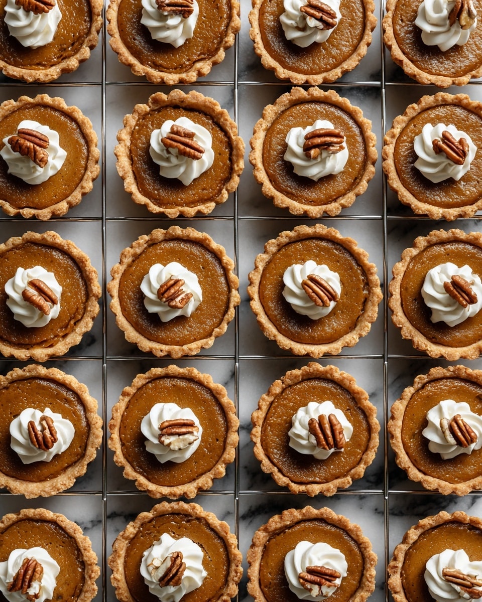 A grid of 25 mini tarts sits on a silver cooling rack over a white marbled surface. Each tart has a golden brown crust, filled with a smooth brown filling that looks like pumpkin or sweet potato. On top, there is a small swirl of white cream placed in the center of each tart. Some tarts are decorated with small clusters of chopped pecans beside or on top of the cream, adding a crunchy texture. The tarts are arranged neatly in five rows of five, evenly spaced. Photo taken with an iphone --ar 4:5 --v 7
