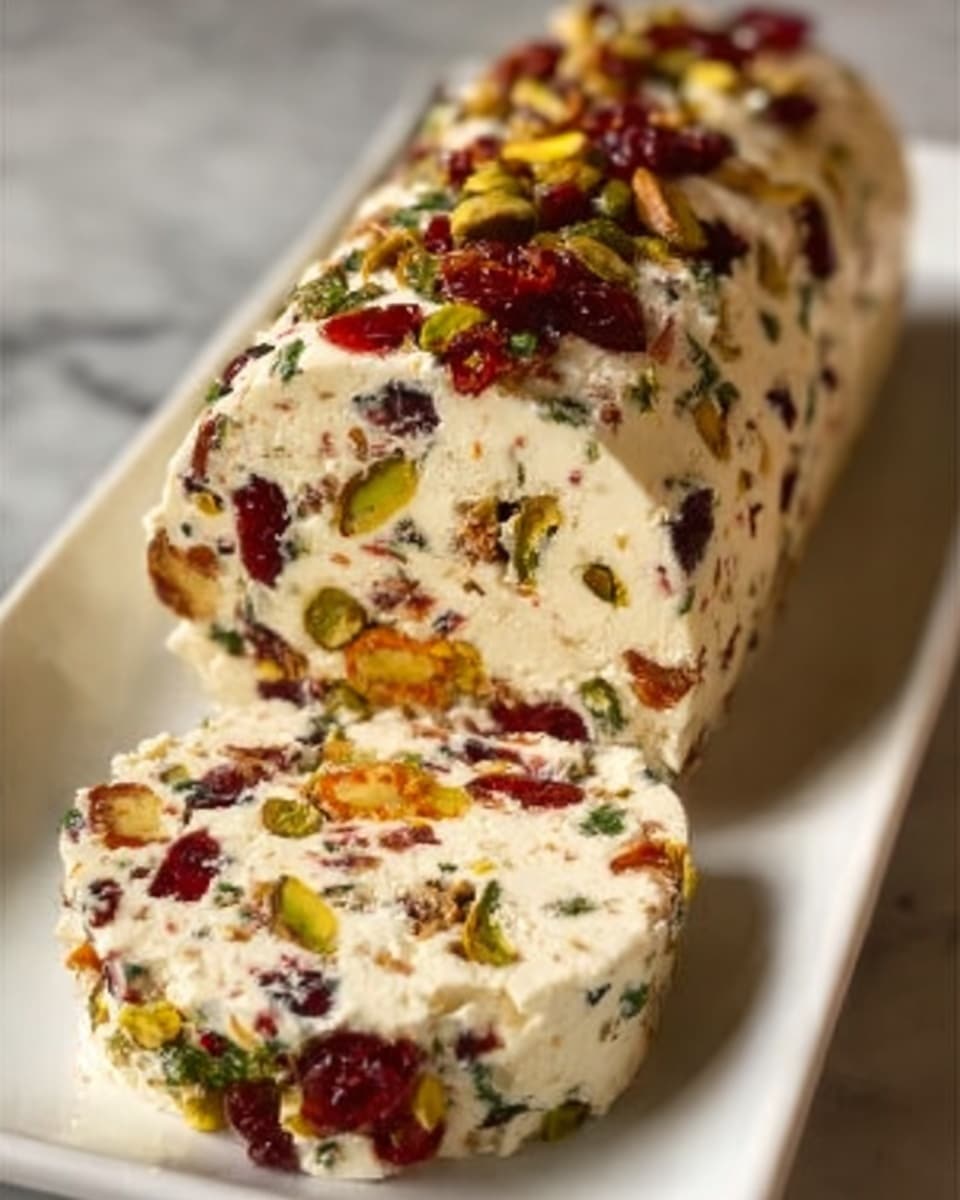 A creamy white cheese log filled with visible pieces of green pistachios, red dried fruit, and small bits of herbs is placed on a white rectangular plate. The cheese log has a smooth texture with colorful specks spread evenly inside, showing a mix of green, red, and hints of brown colors. The plate rests on a white marbled textured surface, with soft warm lighting highlighting the shiny texture of the cheese and the vibrant colors of the nuts and fruit. Photo taken with an iphone --ar 4:5 --v 7