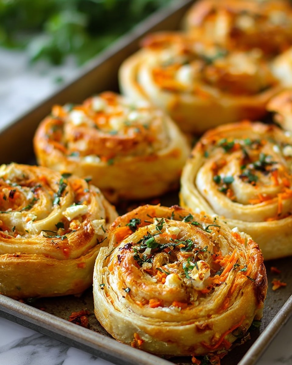 The image shows a baking tray filled with golden brown savory pastry rolls arranged close to each other. Each roll has multiple thin layers of dough swirled tightly with visible textures of soft white dough and small orange carrot strips woven inside. Tiny green herb pieces are sprinkled on top of the rolls, adding bright color. The rolls have a slightly glossy, crisp outer crust with parts browned from baking. The tray surface is dark and slightly oily with some browned spots around the rolls. The background is blurred but shows a white marbled texture beneath the tray. photo taken with an iphone --ar 4:5 --v 7