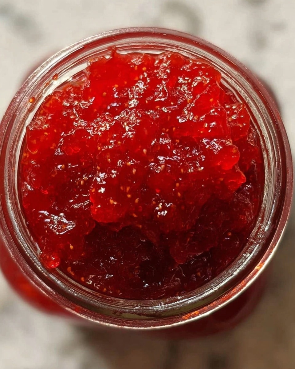 A close-up top view of a glass jar filled with bright red jam, showing a thick, chunky texture with small visible fruit pieces and a shiny, slightly wet surface. The jam fills the jar almost to the brim, with some jam slightly mounded over the edge. The jar sits on a white marbled texture background. Photo taken with an iphone --ar 4:5 --v 7