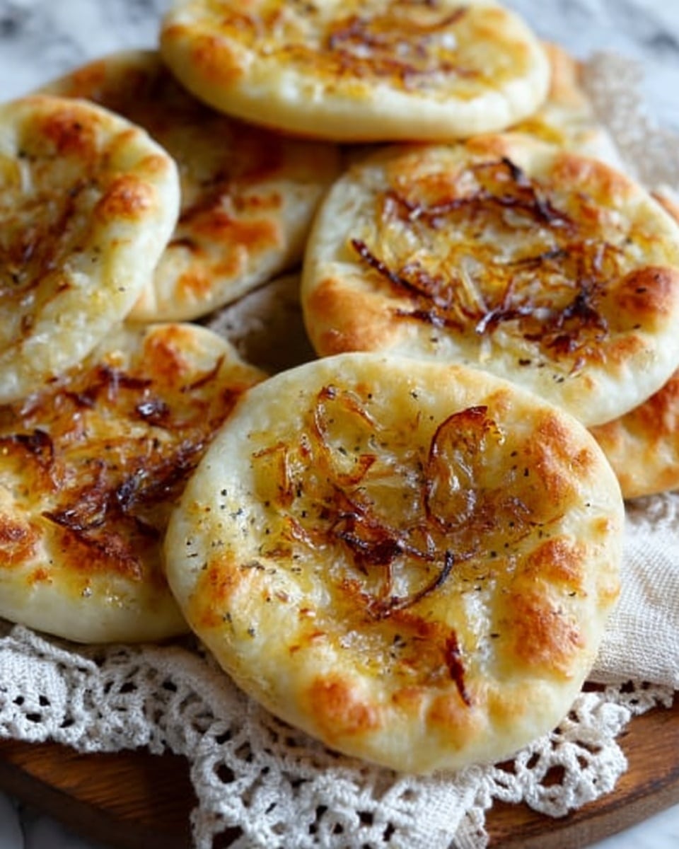 The image shows several small round flatbreads with golden brown, crispy on top layers that have scattered caramelized onion pieces and black pepper. Each flatbread has a slightly puffed soft dough base with some uneven bubbling and browning on the surface. The caramelized onion layers add texture and dark brown spots on top. They rest on a wooden board covered partially with a white lace cloth, creating a warm and rustic look. The background is a white marbled texture. Photo taken with an iphone --ar 4:5 --v 7