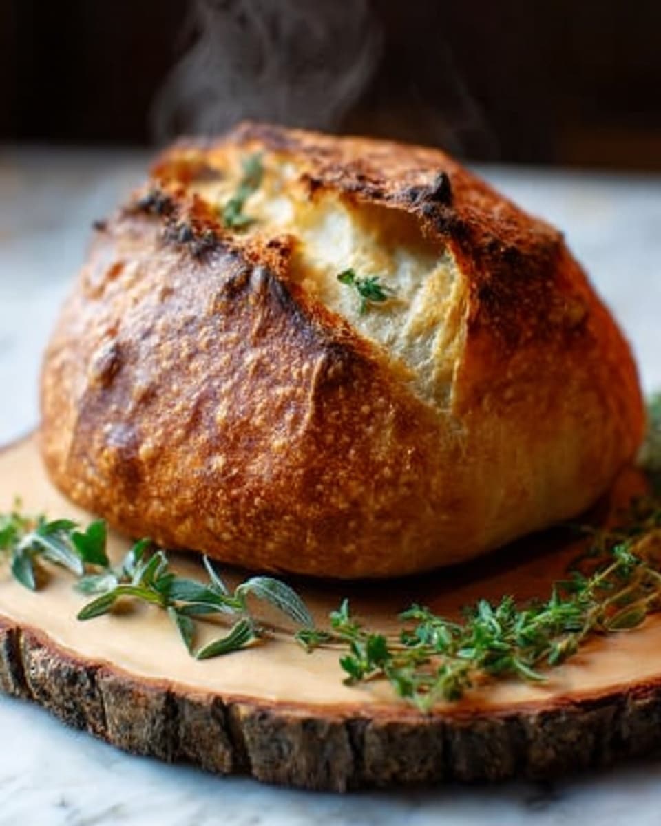 A freshly baked loaf of bread with a golden-brown crust sits on a round wooden board surrounded by green herb sprigs. The loaf has a rough, cracked surface with a few darker toasted spots, and light steam rises gently from it, showing it is hot. The wooden board has a natural bark edge and rests on a white marbled surface in soft, warm lighting. photo taken with an iphone --ar 4:5 --v 7