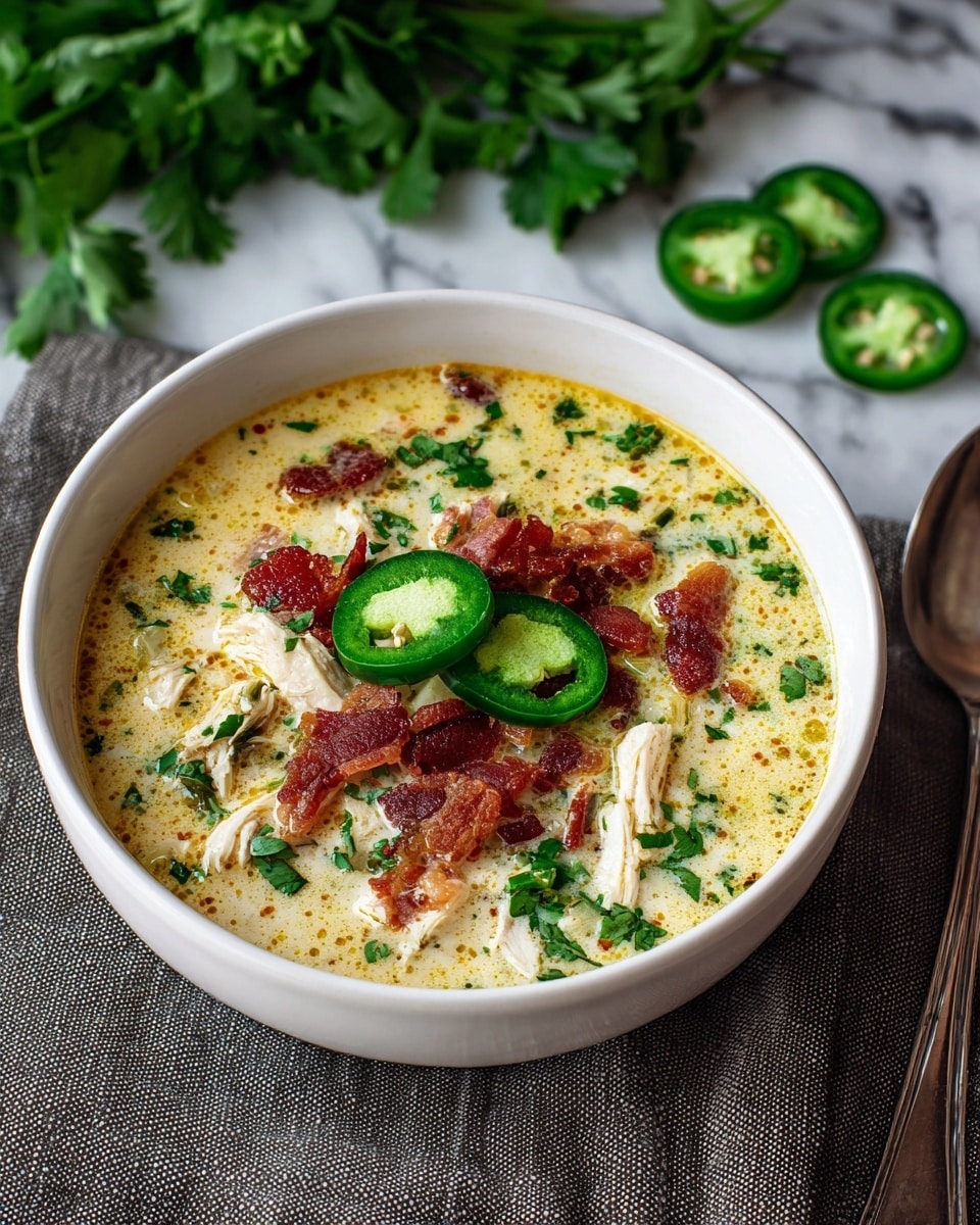 A white bowl filled with creamy soup that has a light yellow base with a slightly oily surface sprinkled with small green herb pieces, likely cilantro. Chunks of white shredded chicken are visible throughout the soup, along with several slices of fresh green jalapeño placed on top. Crispy red bacon bits are scattered in the middle, adding a textured contrast. The bowl rests on a gray cloth on a white marbled surface, with some fresh green herb leaves and extra jalapeño slices out of focus in the background. A silver spoon lies beside the bowl. Photo taken with an iphone --ar 4:5 --v 7