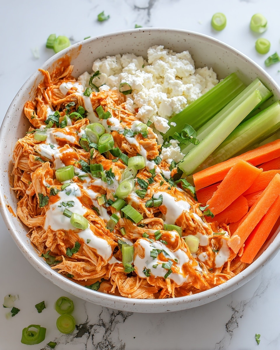 A white bowl sits on a white marbled texture, filled with a colorful, layered dish. The bottom layer is chunky white cottage cheese covering about half the bowl, topped with shredded chicken coated in a bright orange sauce placed in the middle. Thinly sliced orange carrot sticks fill the right side, next to a pile of light green celery sticks just below them. Drizzled white sauce lines the top of the chicken, sprinkled with finely chopped green onions and fresh green herbs scattered across the bowl. Small white sesame seeds are sprinkled primarily on the carrots and celery, adding delicate texture. Photo taken with an iphone --ar 4:5 --v 7