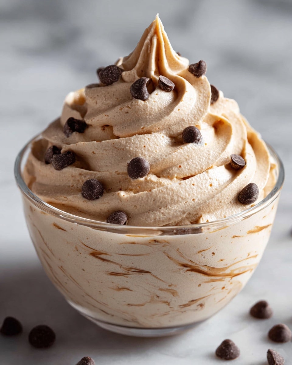 A clear glass bowl filled with two layers of light brown, creamy mousse that has a smooth and fluffy texture. The mousse is swirled inside the bowl with subtle streaks of darker brown. On top, a thick, whipped layer is carefully piped in a tall spiral with a pointed peak in the center. Small dark chocolate chips are scattered evenly across the top, adding a contrasting color and texture. The bowl sits on a white marbled surface with soft lighting that highlights the mousse’s airy texture. photo taken with an iphone --ar 4:5 --v 7