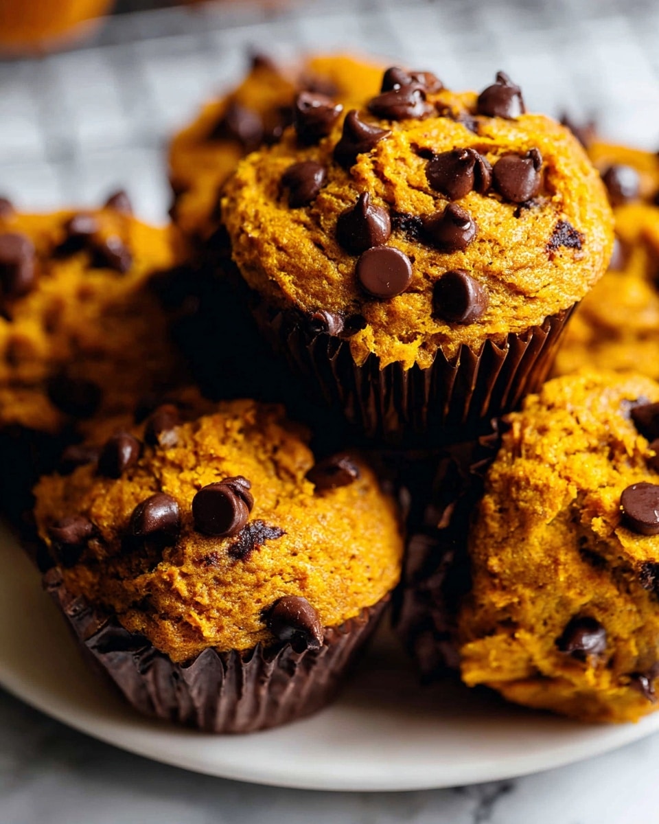 The image shows a close-up of several golden-brown muffins with a rough, cracked top texture, each sprinkled generously with dark brown, shiny chocolate chips. The muffins are in dark brown paper liners, holding their round, slightly domed shape. They are arranged closely together on a white plate, set on a white marbled surface. The warm colors and soft lighting highlight the muffins' moist and crumbly texture, with the chocolate chips adding a glossy contrast to the matte muffin surface. Photo taken with an iphone --ar 4:5 --v 7
