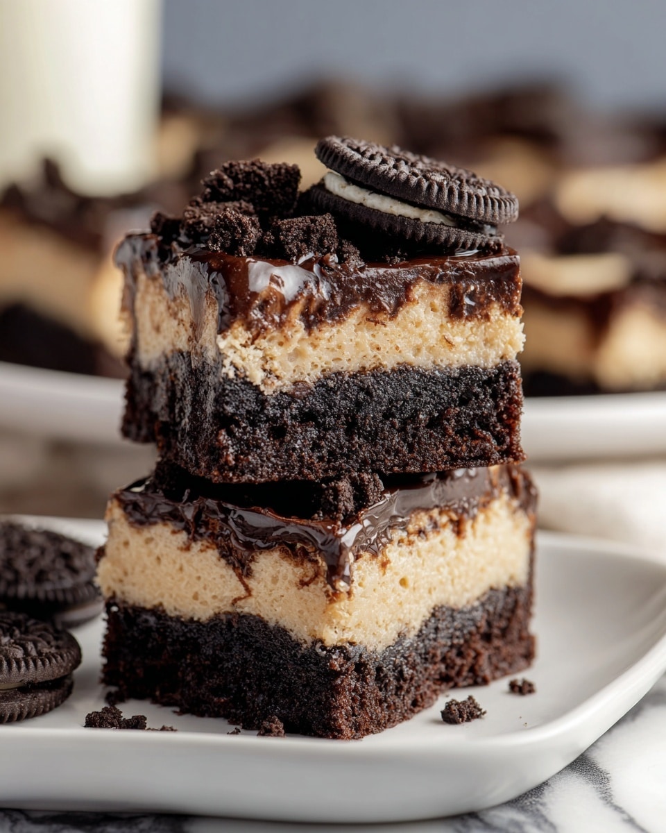 The image shows two rich, layered dessert squares stacked on top of each other on a white plate placed on a white marbled surface. The bottom layer is dark brown and fudgy with a moist texture, topped by a whole black and white Oreo cookie layer. Above this is a thick, creamy beige cheesecake layer with a smooth texture. The top layer is shiny, dark chocolate ganache sprinkled with chunks of Oreo cookies, adding rough texture. The edges show some crumbs and crushed Oreo pieces giving a homemade look. In the blurred background, there are more dessert pieces and a glass of milk. photo taken with an iphone --ar 4:5 --v 7