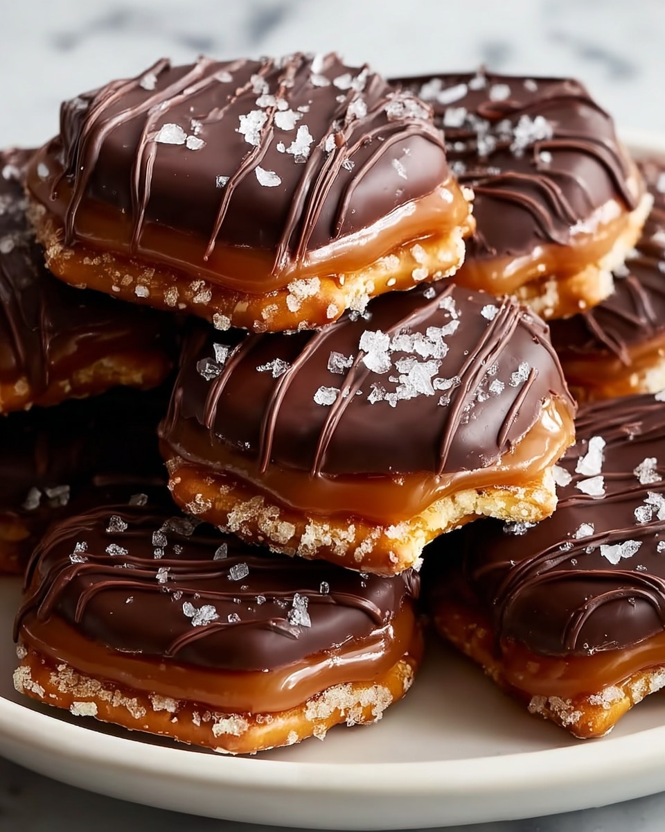 A close-up view of several small treats stacked on a white plate, each with three layers: a crunchy golden-brown pretzel base with visible salt crystals, a thick smooth caramel layer in the middle with a rich amber color, and a shiny dark chocolate top layer with fine milk chocolate drizzles in wavy lines. The chocolate is sprinkled with coarse salt crystals that sparkle. The plate sits on a white marbled surface. photo taken with an iphone --ar 4:5 --v 7