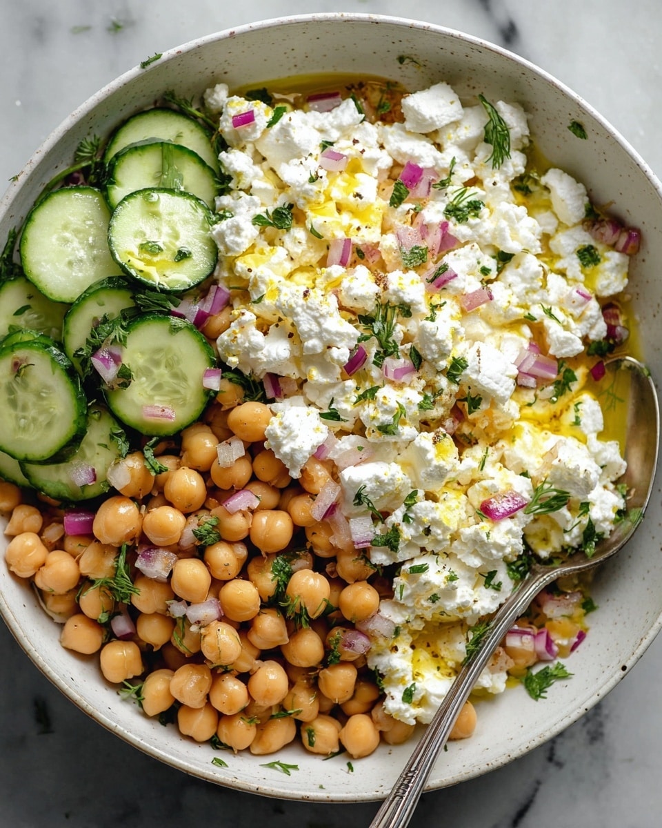 The image shows a bowl filled with a colorful and fresh salad made of several layers. The bottom layer contains pale yellow chickpeas scattered all around. On top of the chickpeas, thin round slices of green cucumber are placed evenly. The next layer is a generous amount of white, crumbly cheese spread across the salad. Small pieces of purple onion are mixed within the cheese, adding contrast. Fresh green herbs are sprinkled on top, providing extra color and texture. A drizzle of golden oil adds shine and richness, sitting on top of the cheese layer. The bowl is white, and it sits on a white marbled surface. A silver spoon rests partially inside the bowl on the right side. Photo taken with an iphone --ar 4:5 --v 7