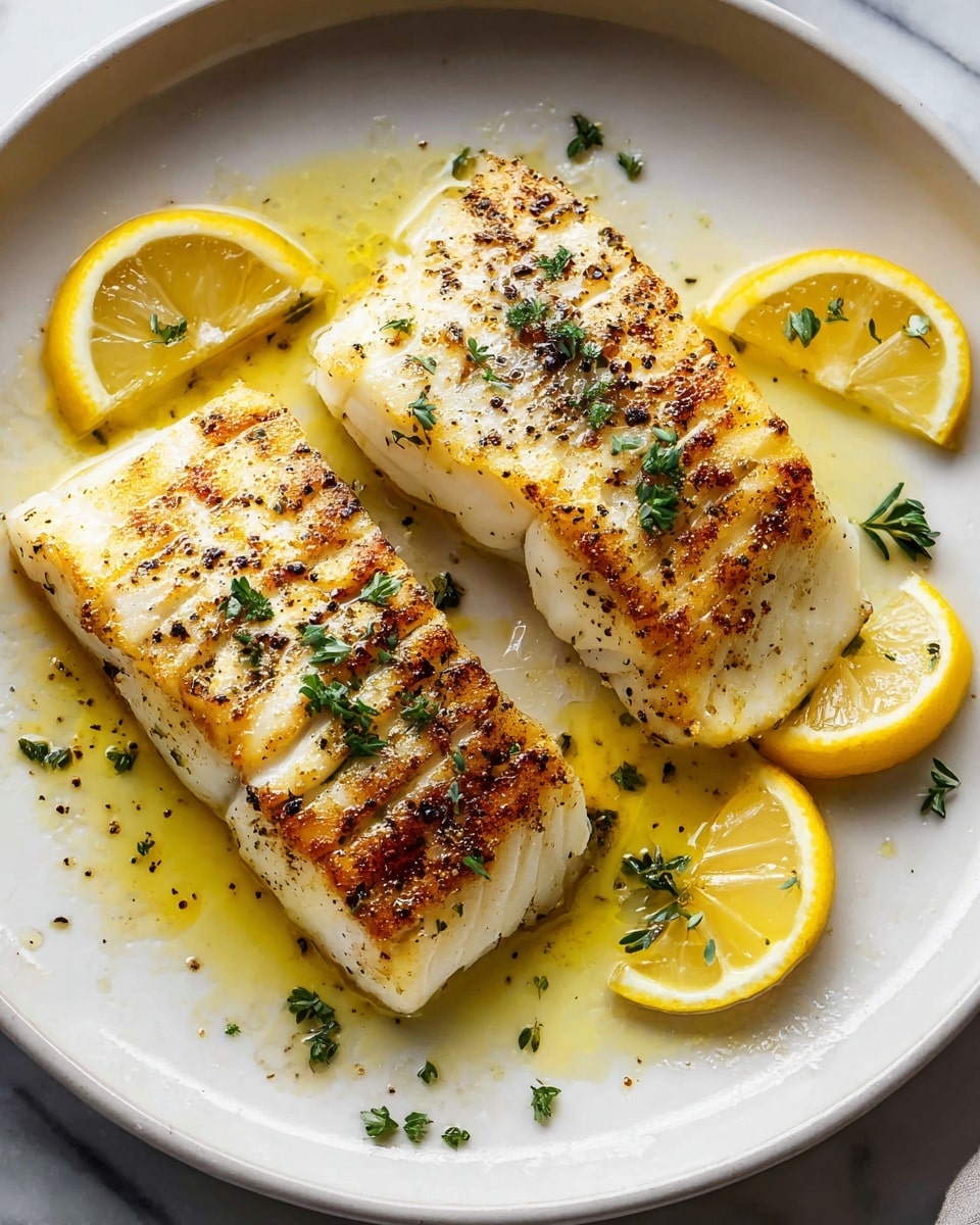 Two thick pieces of white fish fillets with a golden brown sear on top are sitting in a round white pan. The fish has a slightly crispy texture with black pepper and small green herb bits sprinkled over it. Around the fish, there is a light yellow buttery sauce with lemon slices placed in the pan. The pan itself rests on a white marbled surface, and there is a small piece of green herb visible in the background. Photo taken with an iphone --ar 4:5 --v 7
