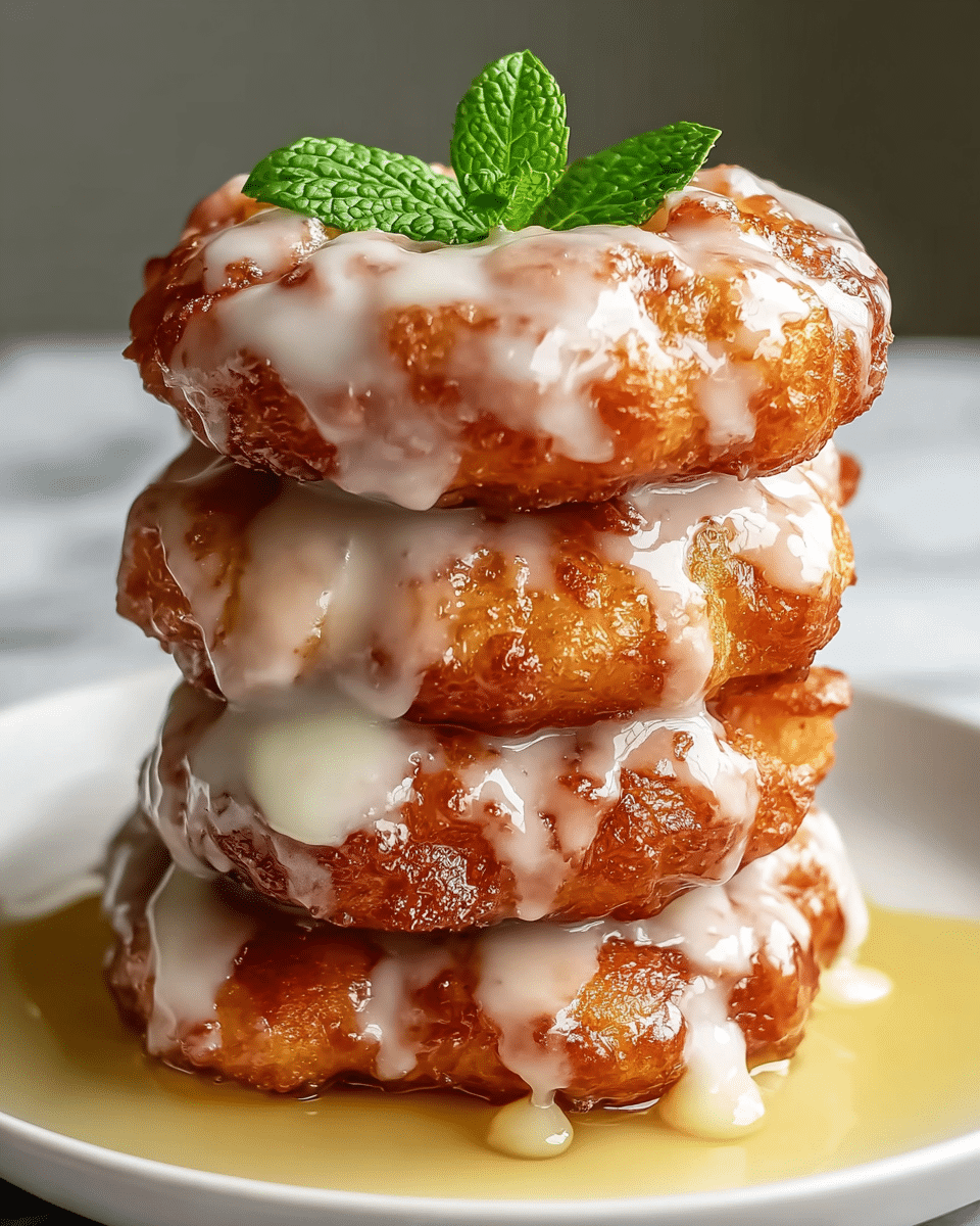 A close-up of a stack of four golden brown fried fritters with a crispy texture, each layer covered in thick white glaze that drips down the sides, sitting on a white plate with a small pool of syrup at the base. On top of the stack, there is a small fresh green mint leaf adding a pop of color. The background shows a white marbled texture. photo taken with an iphone --ar 4:5 --v 7