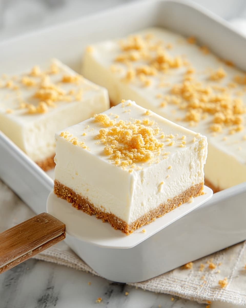A white square dessert bar is shown being lifted on a spatula from a white rectangular dish. The dessert has two layers: a thick, creamy white top layer sprinkled with light brown crumb topping, and a thinner, golden brown crumbly bottom crust layer. The surface beneath the dish is a white marbled texture. photo taken with an iphone --ar 4:5 --v 7