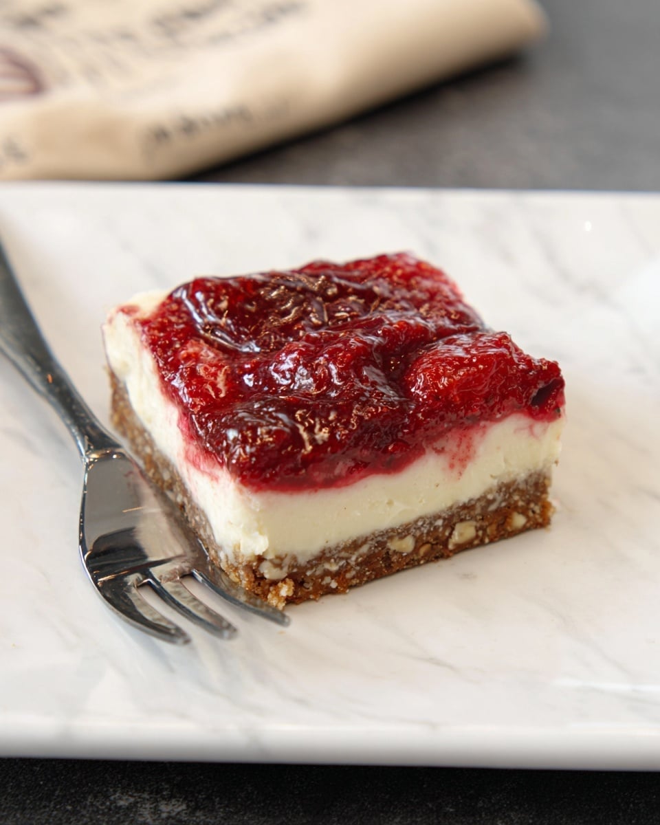 A square slice of dessert with three visible layers is placed on a white plate. The bottom layer is a brown crumbly base, likely made of nuts or crushed biscuits. The middle layer is thick, creamy, and white, resembling cheesecake filling. The top layer is a glossy red fruit topping with visible seeds and pieces, suggesting strawberries or raspberries. A silver fork lies next to the dessert on the plate. The scene is set on a white marbled surface with some text papers partially visible in the background. photo taken with an iphone --ar 4:5 --v 7