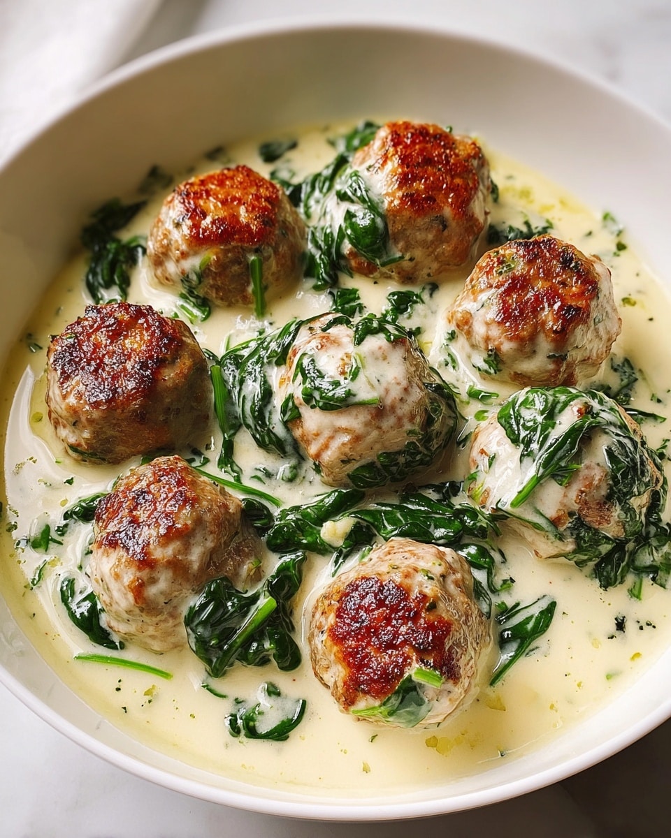 A white bowl holds nine round meatballs, each browned with a slightly crispy texture on top and covered in a smooth, light cream sauce. Bright green wilted spinach leaves are mixed throughout the sauce, creating a nice contrast with the creamy white base. The sauce pools gently around and partially covers the meatballs, giving the dish a rich and moist look. The bowl sits on a white marbled surface, enhancing the fresh and warm feeling of the dish. photo taken with an iphone --ar 4:5 --v 7