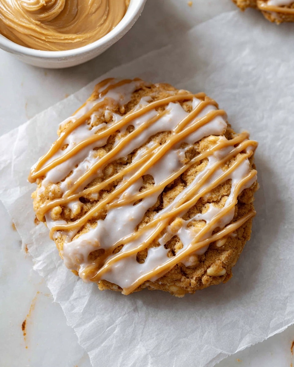 The image shows a close-up of a single cookie placed on translucent parchment paper over a white marbled surface. The cookie has two main layers: the base is a golden-brown crunchy layer with visible texture and some soft spots, and it is topped with a thin white glaze spread unevenly across the surface. Over the glaze, there are evenly spaced, light brown drizzles, likely peanut butter, creating a striped pattern. In the top left corner of the image, a small white bowl filled with creamy peanut butter is partially visible. Photo taken with an iphone --ar 4:5 --v 7