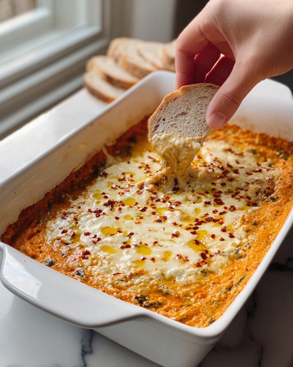A white rectangular dish filled with a baked dip. The bottom layer is orange and creamy with a rough, slightly browned edge. The top layer is melted cheese with a light golden color, dotted with small spots of darker red chili flakes and a drizzle of yellow olive oil shining on the surface. A woman's hand is dipping a piece of light brown bread into the dip. The dish is set on a white marbled surface near a window with soft natural light. photo taken with an iphone --ar 4:5 --v 7