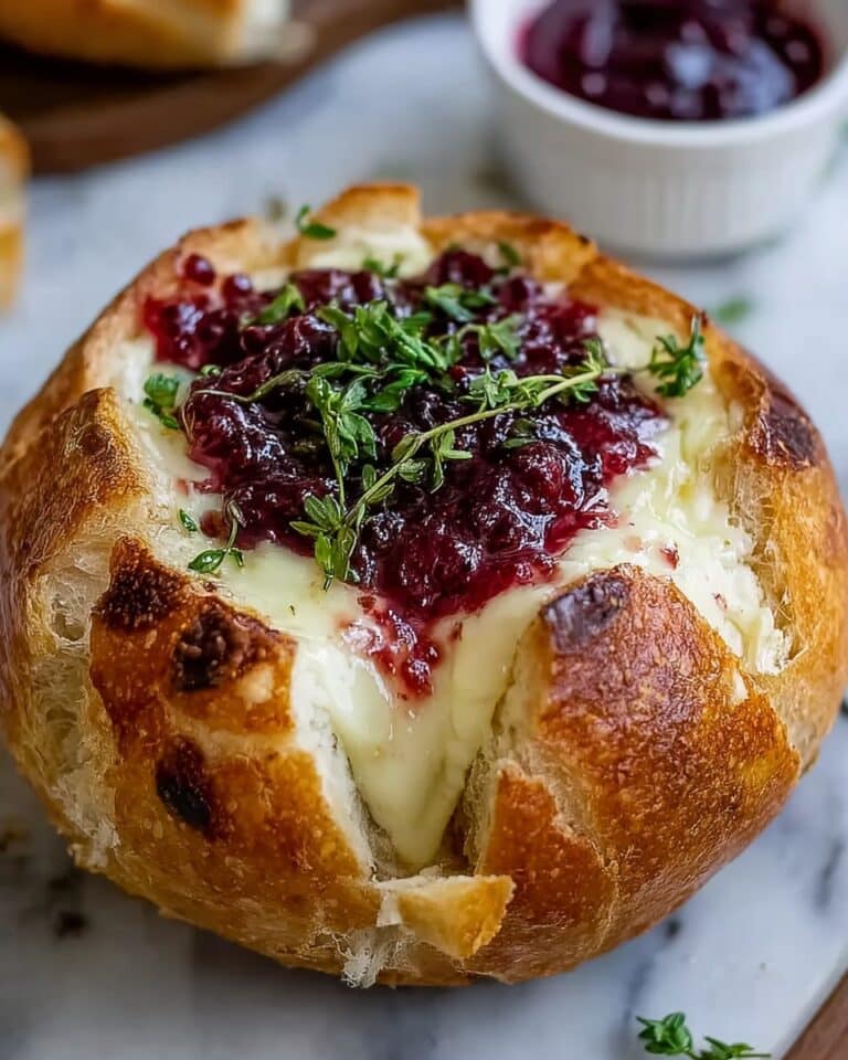 Baked Brie in a Rustic Bread Bowl with Cranberry and Thyme Recipe