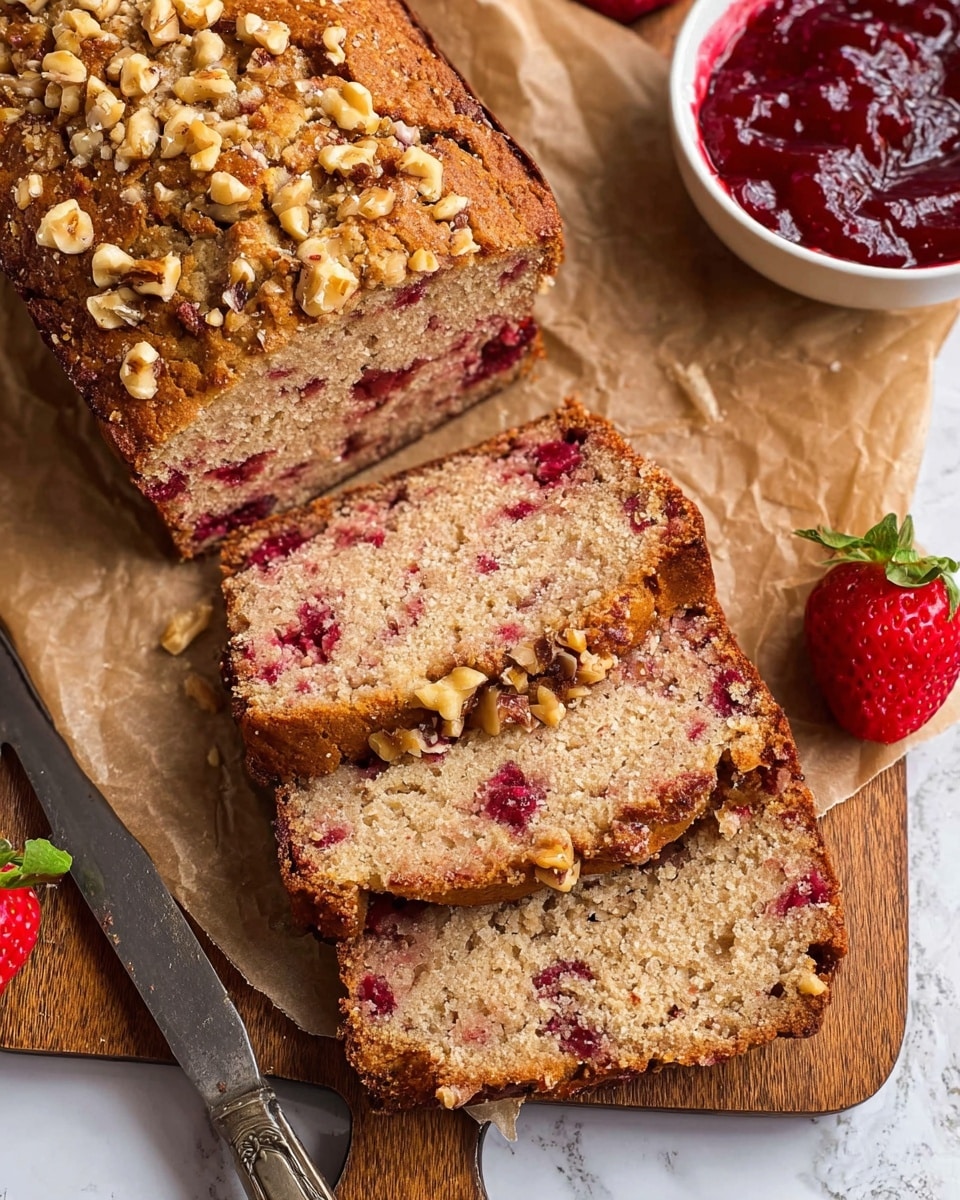 The image shows a loaf of fruit and nut bread with a chunky crumb topping loaded with nuts. The bread has three visible layers: the bottom and middle layers are a soft, light brown bread with small red fruit bits inside, while the top layer is a thick, textured crunch of nuts and brown crumbs. Several slices are cut from the loaf and stacked slightly in front. Next to the loaf is a white bowl with dark red jam and a butter knife resting in it. A bright red strawberry with green leaves is on the side, all placed on white parchment over a wooden board, with a white marbled surface underneath. photo taken with an iphone --ar 4:5 --v 7