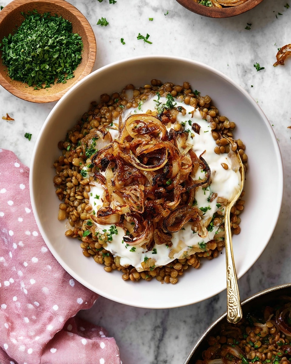 A white bowl filled with a base layer of cooked lentils mixed with grains, showing a brown and green texture, topped with a thick layer of creamy white sauce. On top of the sauce, there is a generous layer of caramelized onions, golden to dark brown with soft, curled edges. Finely chopped green herbs are sprinkled over the top. A gold spoon with a detailed handle rests inside the bowl, partly submerged under the sauce and onions. The bowl sits on a white marbled surface with scattered bits of green herbs around it, a pink cloth with white polka dots is beside the bowl. Nearby, a small wooden bowl of green herbs and a pan with more caramelized onions are visible. photo taken with an iphone --ar 4:5 --v 7