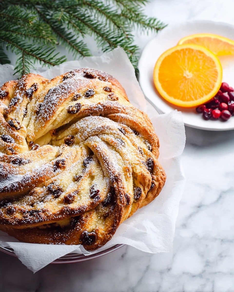 A golden brown braided pastry sits on white parchment paper inside a clear glass bowl, showing three thick layers twisted with visible dark raisins or dried fruit bits woven through. The top is dusted with a light layer of powdered sugar, adding a soft white contrast to the crisp, slightly toasted texture. Nearby to the right, a small white plate holds two bright orange slices and some red dried cranberries, adding fresh and colorful accents. The setting rests on a white marbled surface with a green pine branch partially visible in the foreground. Photo taken with an iphone --ar 4:5 --v 7