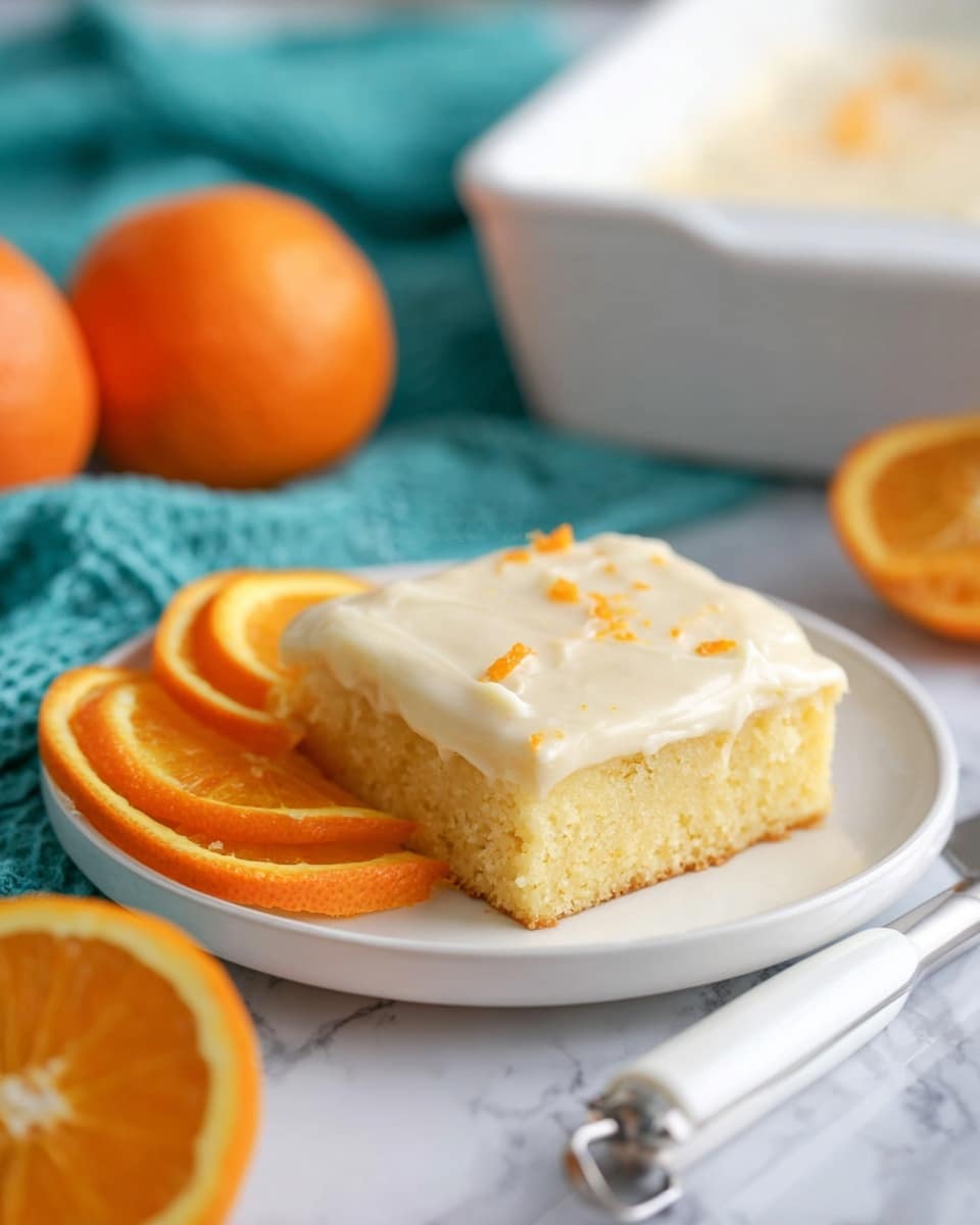 A single square piece of moist yellow cake with a smooth, creamy off-white frosting that has tiny orange specks on top, placed in the middle of a white plate. Behind the cake are four thin orange slices arranged in a slight arc. The plate sits on a white marbled surface with an orange half in the lower left corner, a teal cloth napkin in the upper left corner, and a white-handled cake server near the bottom right. The background includes a white baking dish and two whole oranges slightly out of focus. Photo taken with an iphone --ar 4:5 --v 7