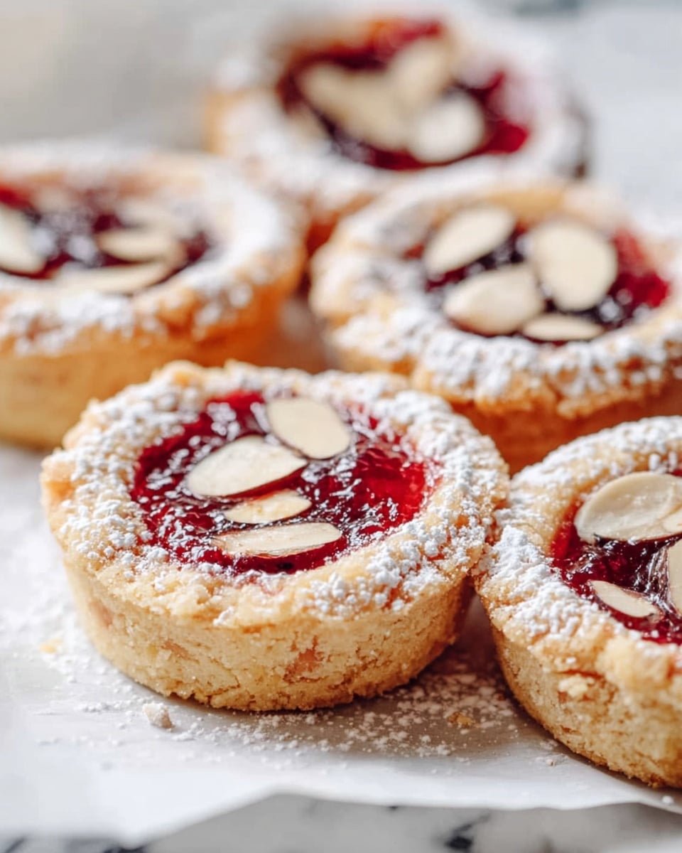 The image shows five small tartlets arranged on a piece of parchment paper over a white marbled surface. Each tartlet has one main layer of light golden, crumbly crust forming the base and sides, filled with a glossy, deep red jam center topped with thin almond slices scattered unevenly. A fine dusting of white powdered sugar covers the crust edges and the jam surface, adding a soft white contrast to the rich red filling. The tartlets are placed close to each other but not touching, with a shallow depth of field focusing on the front left tartlet while the rest softly blur into the background. photo taken with an iphone --ar 4:5 --v 7