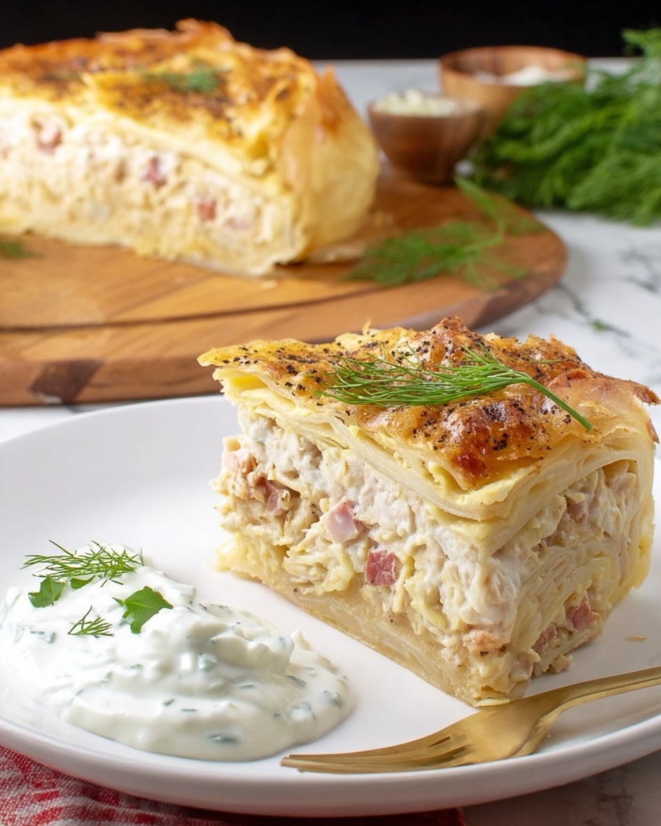 A white plate holds a slice of rolled pastry with a golden, flaky crust on the outside that is topped with black pepper. Inside, the filling is creamy and light beige, showing layers of shredded cabbage mixed with small chunks of light pink ham. Next to the slice is a dollop of white sauce with green herb flecks, garnished with a small sprig of fresh dill. In the background, the rest of the pastry roll rests on a wooden board, with fresh green dill sprigs beside it. Behind that, a white bowl with colorful patterns is partially visible, placed on a white marbled surface. photo taken with an iphone --ar 4:5 --v 7